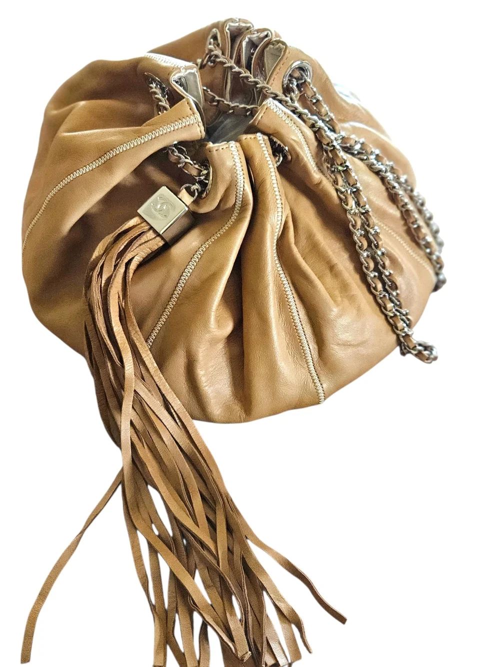 Chanel Reversible Sac Cordon Tan Leather Fringe Drawstring Chain Shoulder Bag